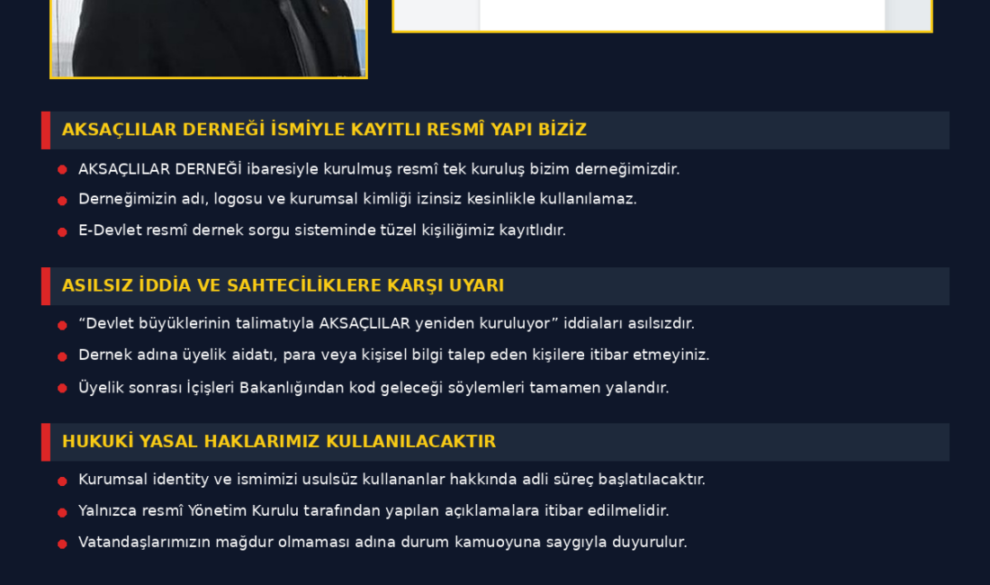 “AKSAÇLILAR DERNEĞİ İSMİYLE KAYITLI RESMÎ YAPI BİZİZ”

Ahmet Bereket açıklamasında, derneklerin